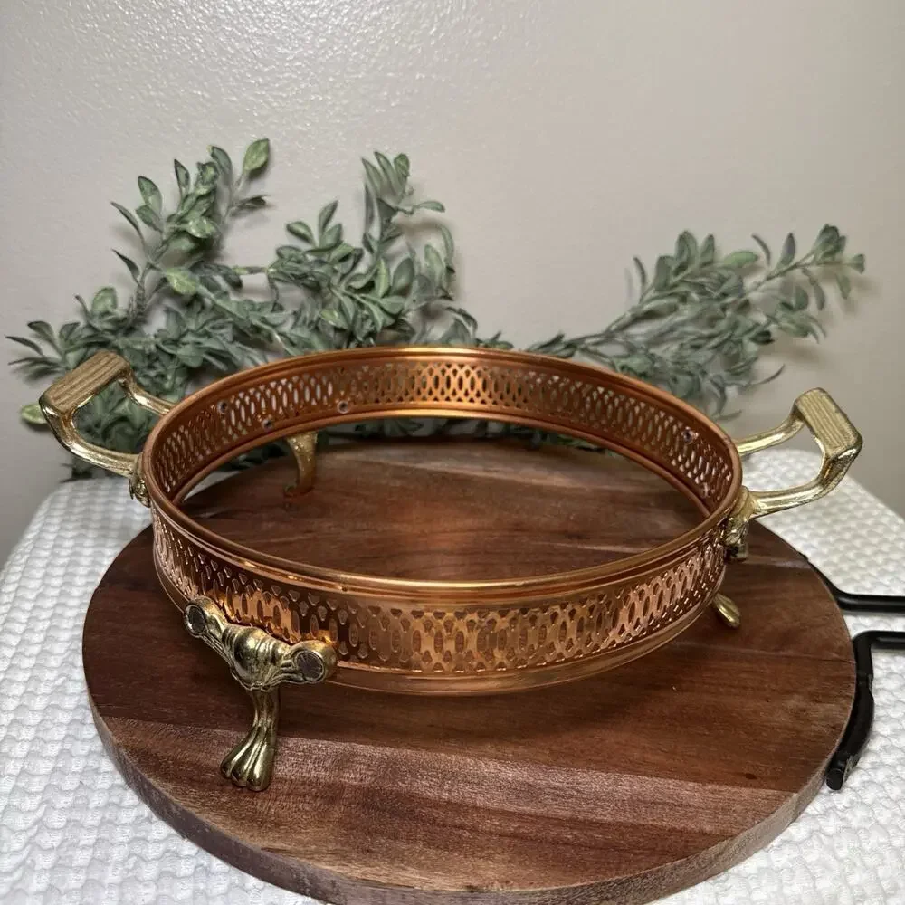Copper Brass Gallery Bowl Holder Casserole Stand Footed Hollywood Regency Vtg